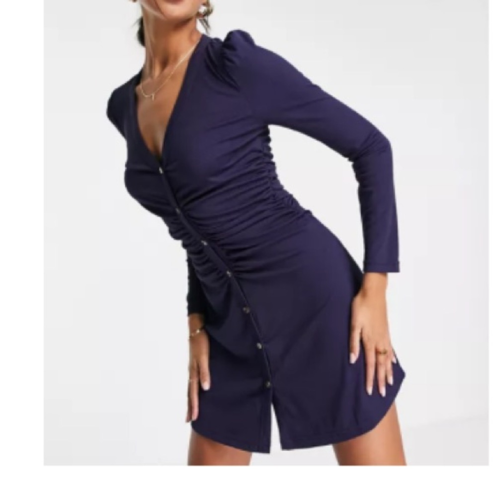 Ribbed runched front mini long sleeve dress